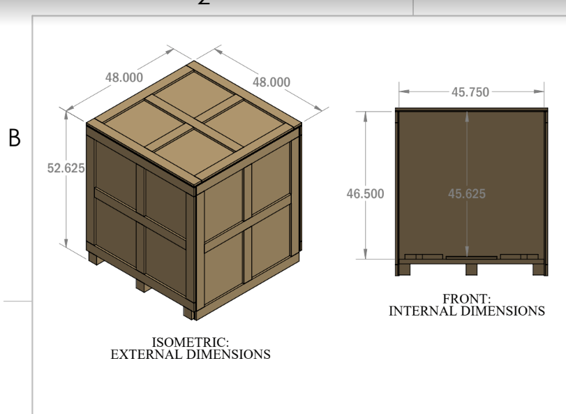 3D rendering of a custom crate designed using SolidWorks, showcasing precision engineering for secure shipping solutions.