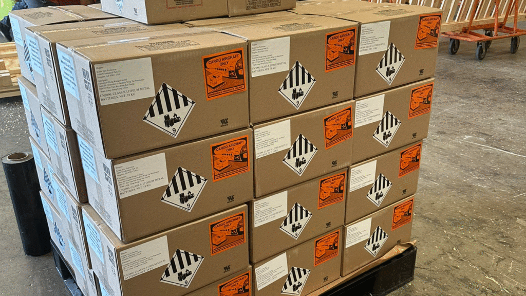 Palletized boxes labeled for lithium battery contents, featuring proper hazard markings and shipping documents for compliant transport.